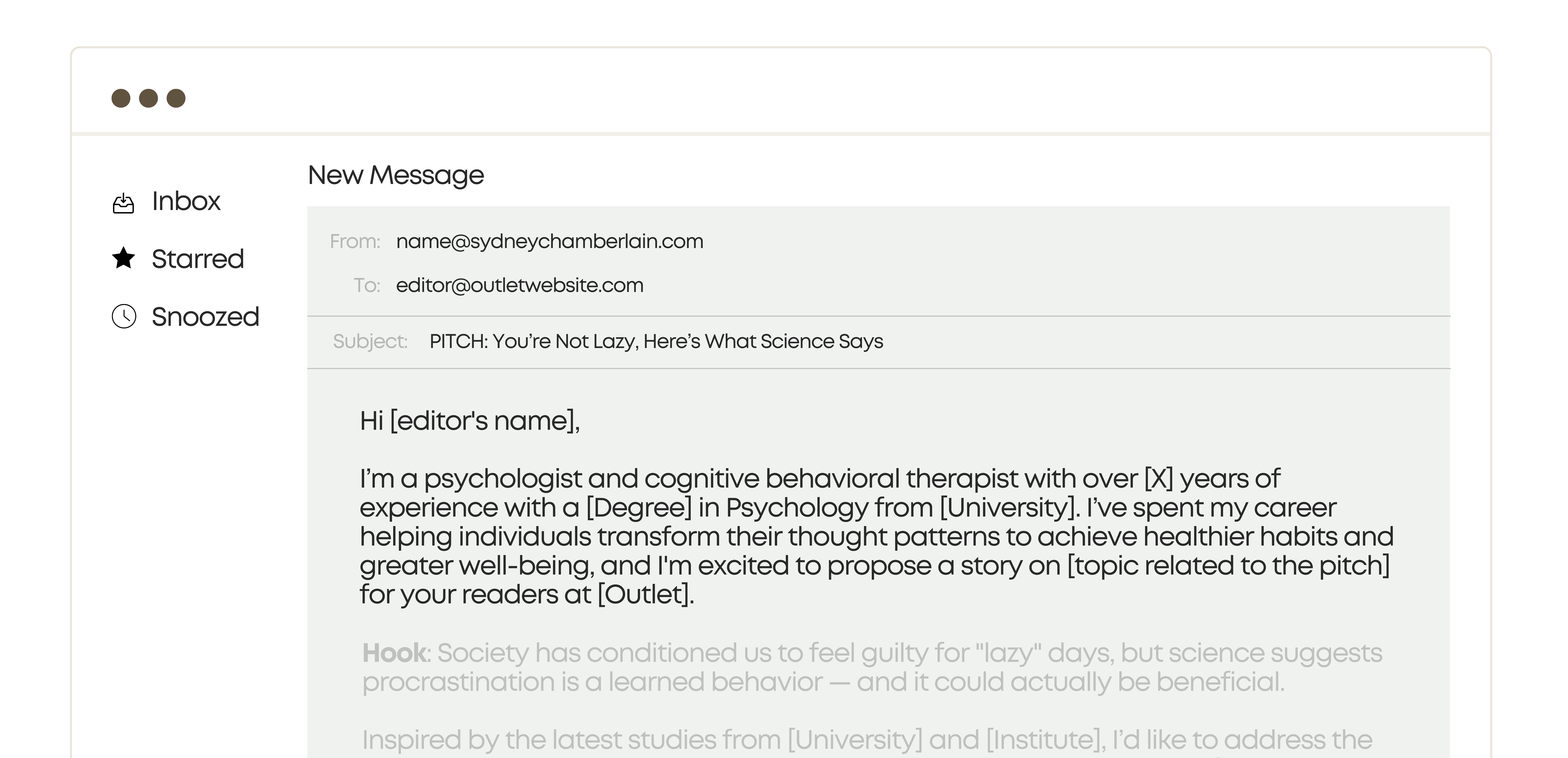 Mockup of a sample pitch being emailed to an outlet with an effective structure for writing an introduction.