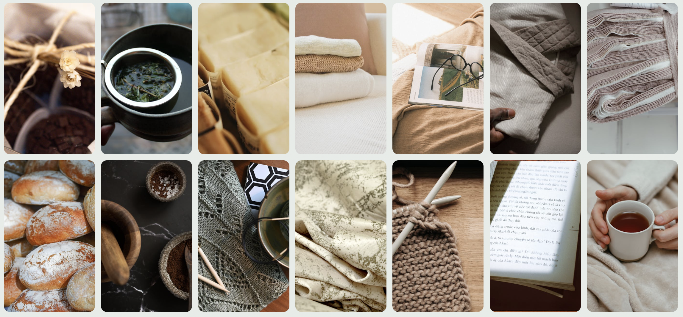 A warm grid highlighting comforting spaces, nurturing objects, and soft textures connected to the caregiver archetype.