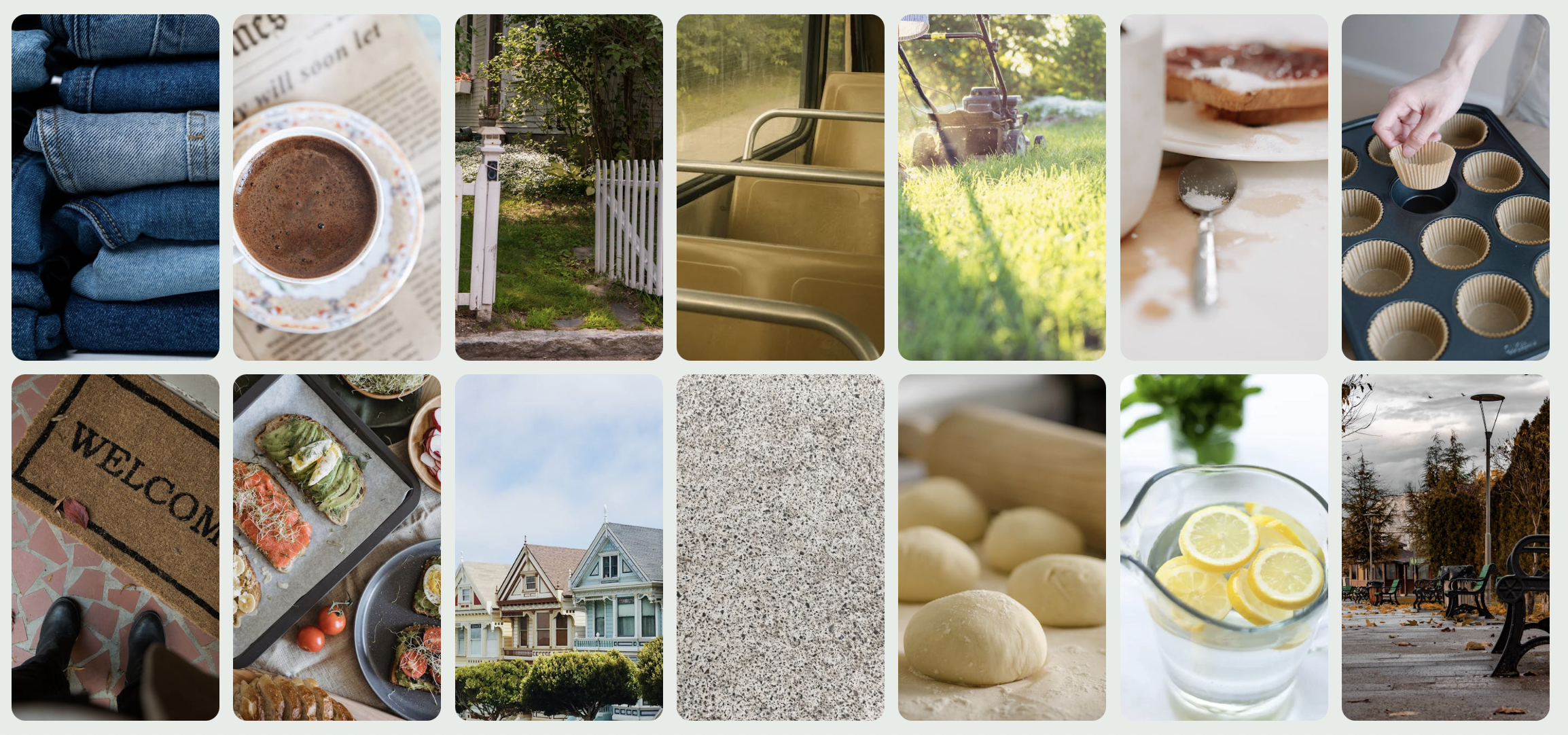 A grounded grid reflecting everyday spaces, familiar objects, and relatable imagery associated with the everyman archetype.