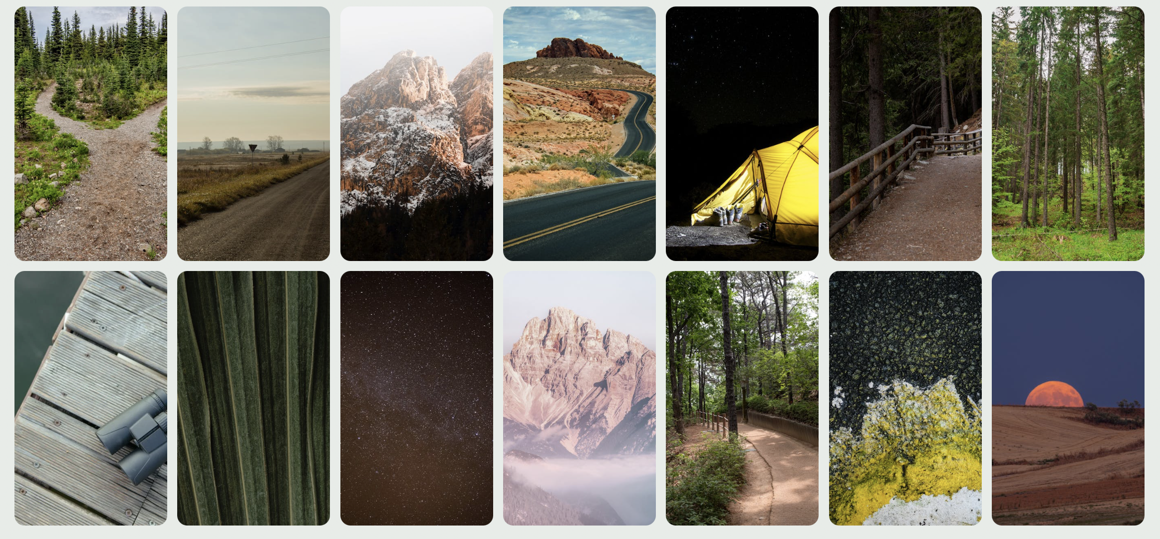 A curated grid capturing the landscapes, objects, and rugged textures that represent the spirit of the explorer archetype.