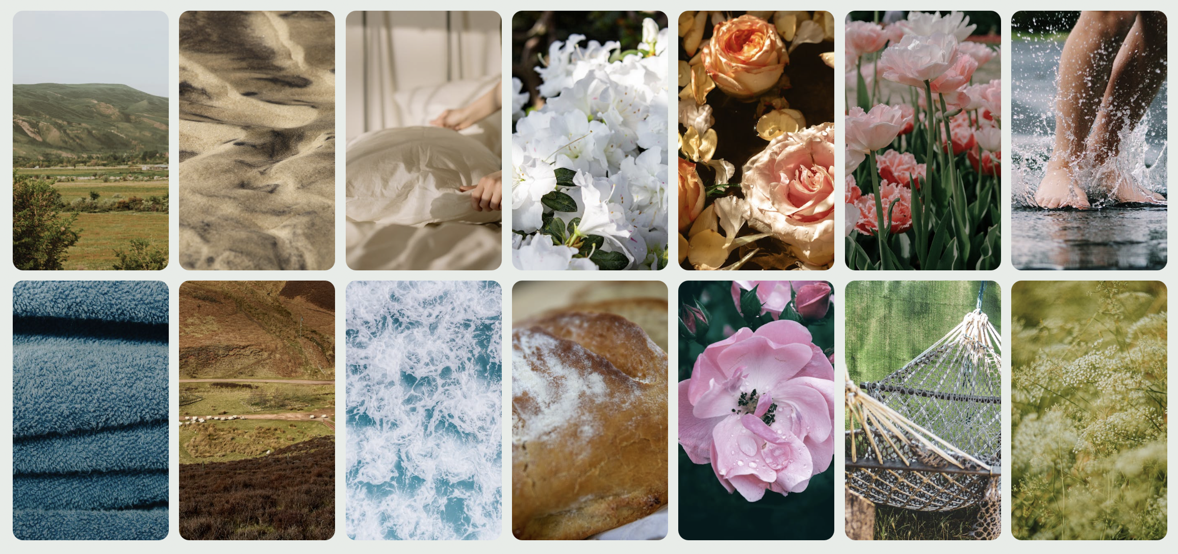 A visual grid exploring the light, natural colors and gentle symbolism associated with the innocent archetype.