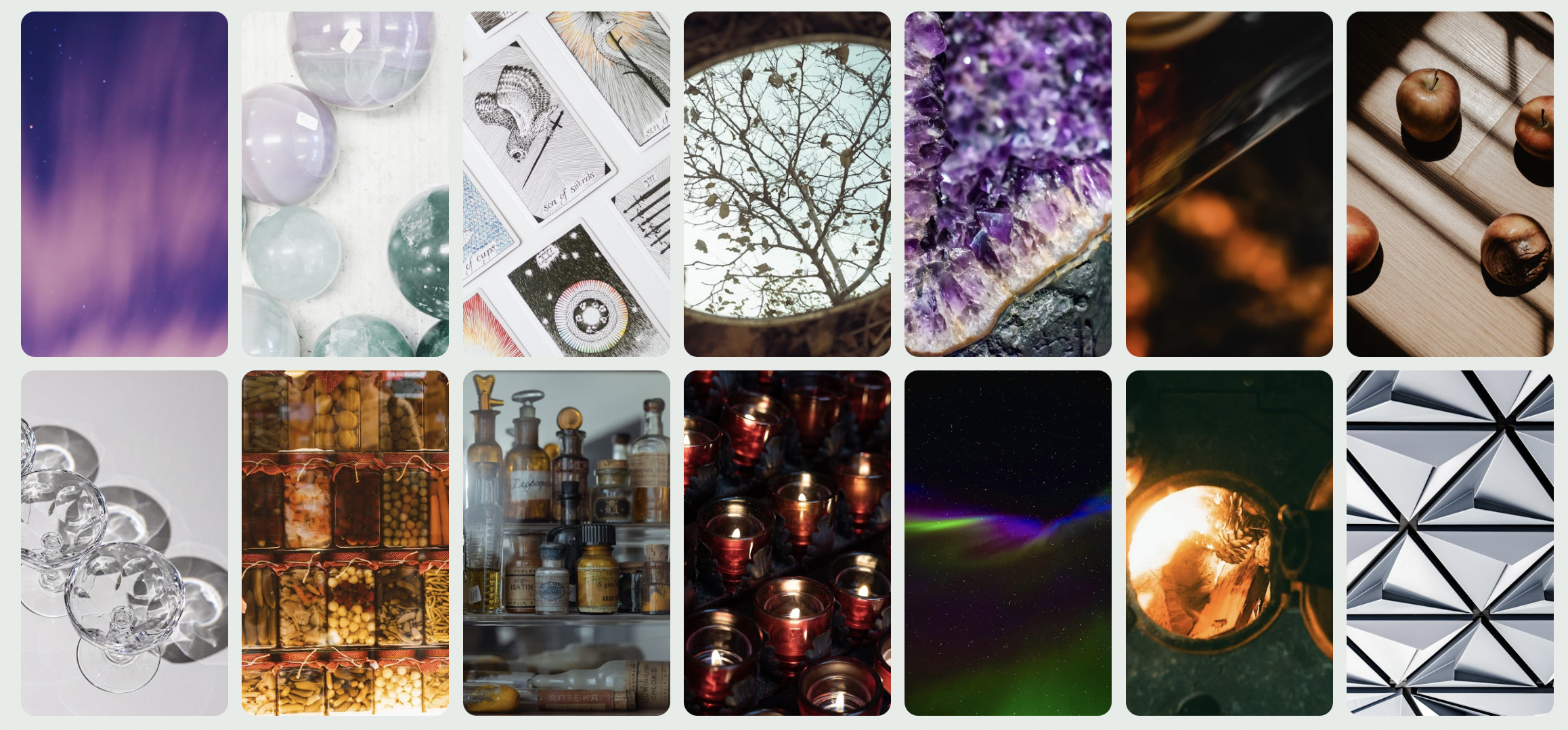 A grid illustrating the mysterious light, reflective surfaces, and transformative imagery associated with the magician archetype.