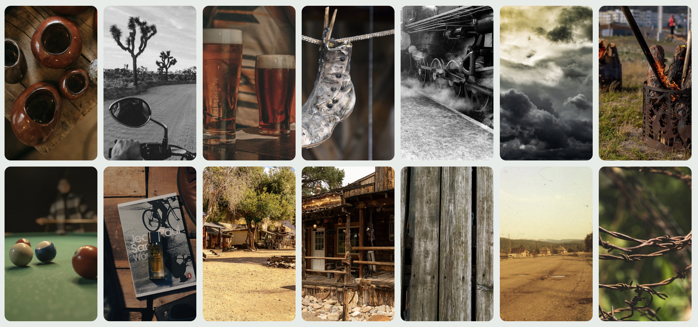 A visual grid capturing the rebellious textures, urban grit, and unconventional imagery tied to the outlaw archetype.